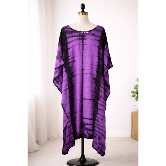 Tamsy Dresses & Skirts - Tamsy Purple Black Tie Dye Kaftan Dress Womens One Size 100% Rayon Boho...